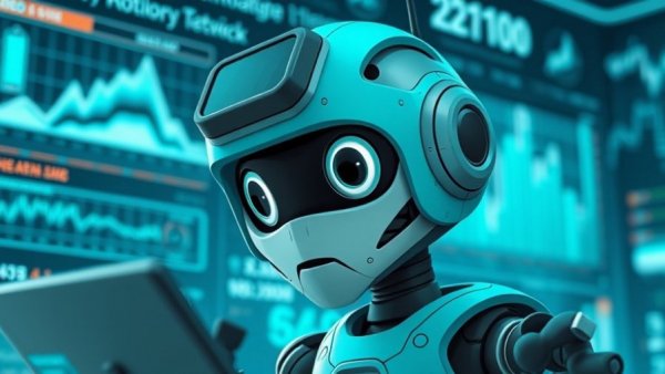 Cartoon robot analyzing data in a digital futuristic setting.