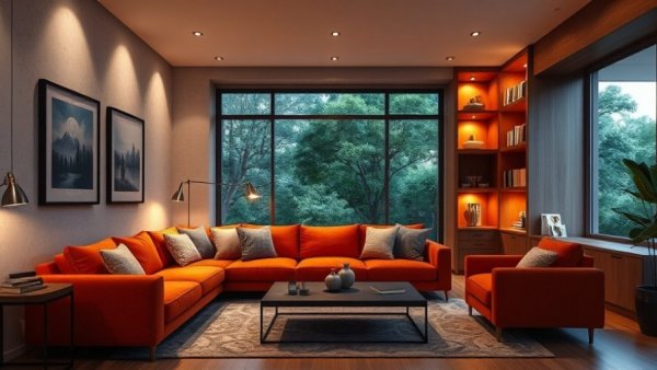 Modern cozy living room with orange sofa and warm lighting