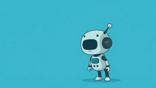 Cartoon robot with antennas beside abstract geometric background.