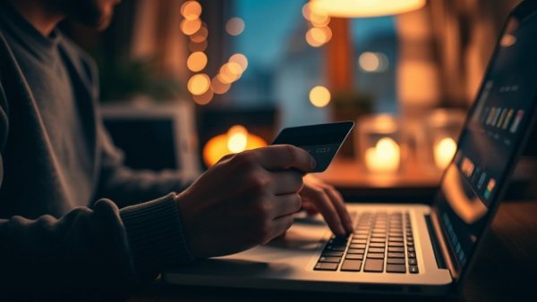 Person using laptop and credit card, related to earnest money timing.