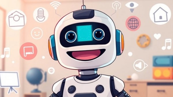 Cartoon robot with smart home interface, vibrant colors.