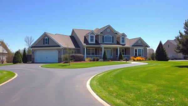 Suburban home with winding driveway showing signs of wear.