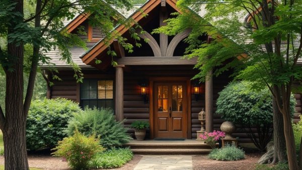 Charming rustic house entrance with lush greenery, FHA loan inspection requirements.