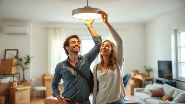 Living Room Energy Retrofit Savings: Couple installing light.