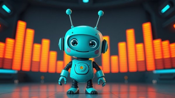 Cartoon robot by spectrum bars representing AT&T Midband Spectrum Activation.