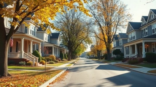 Scenic suburban street with classic homes, settlement statement in real estate.