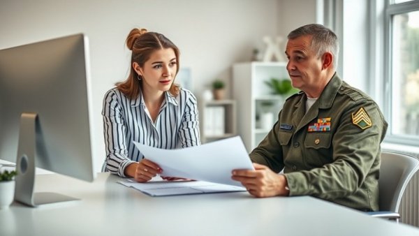 VA Loan Myths: Woman and veteran discuss documents in home office.