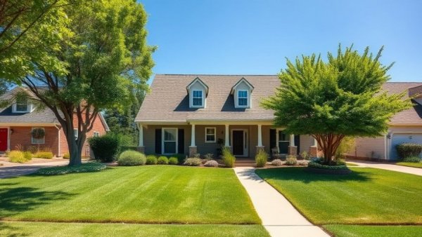 Charming suburban house with manicured lawn under a clear blue sky.