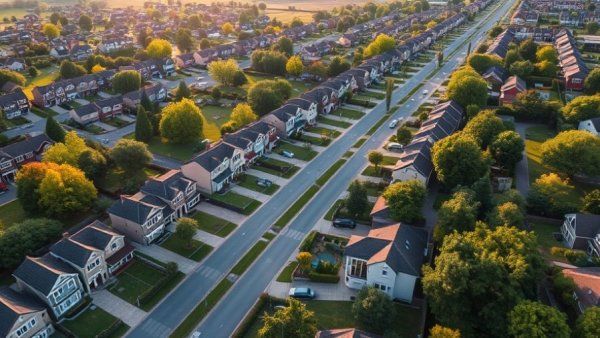 Aerial view of a suburban neighborhood, ideal for buyers market 2025.