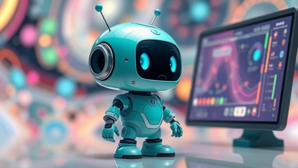 Futuristic cartoon robot next to digital screen.