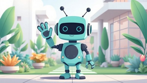 Minimalist teal robot waving in a futuristic garden.