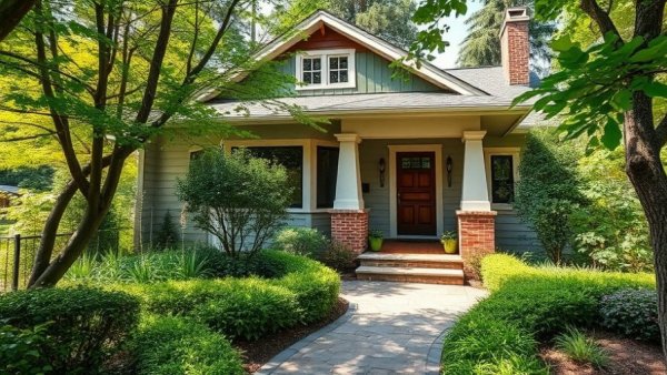 Charming Craftsman house surrounded by greenery, related to mortgage buydown.