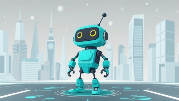 Cartoon robot in a futuristic digital landscape, home tech.