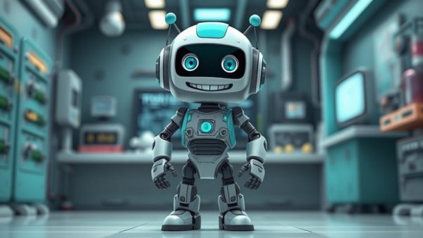 Cartoon robot in futuristic lab, representing XReal smart glasses 3D experience.