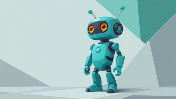 Teal robot on abstract geometric background, HDMI port PS5 performance