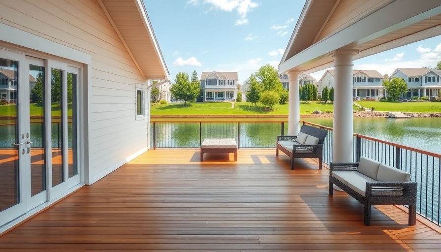 Modern deck overlooking lake with suburban homes.