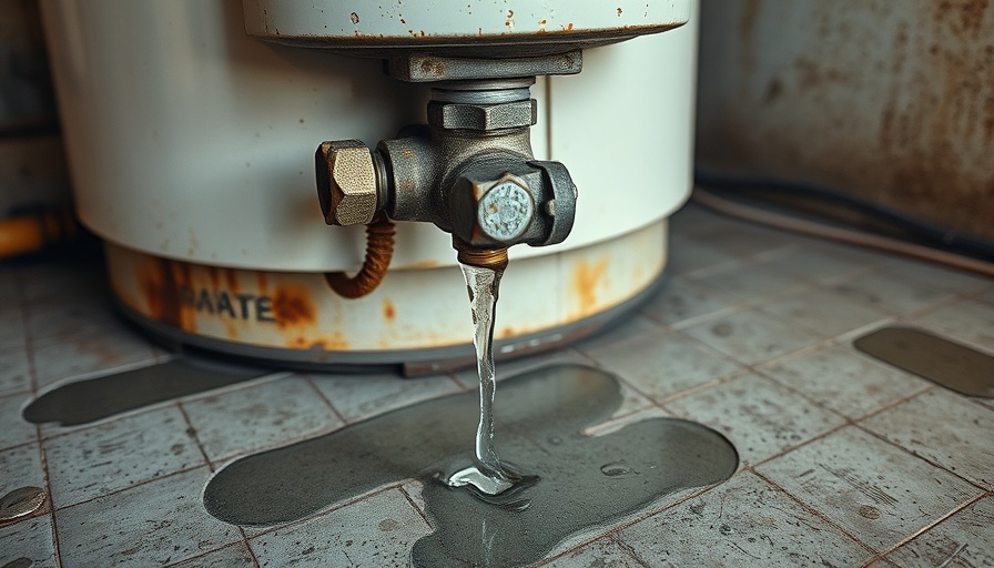 Water heater leaking from bottom, drip onto floor close-up.