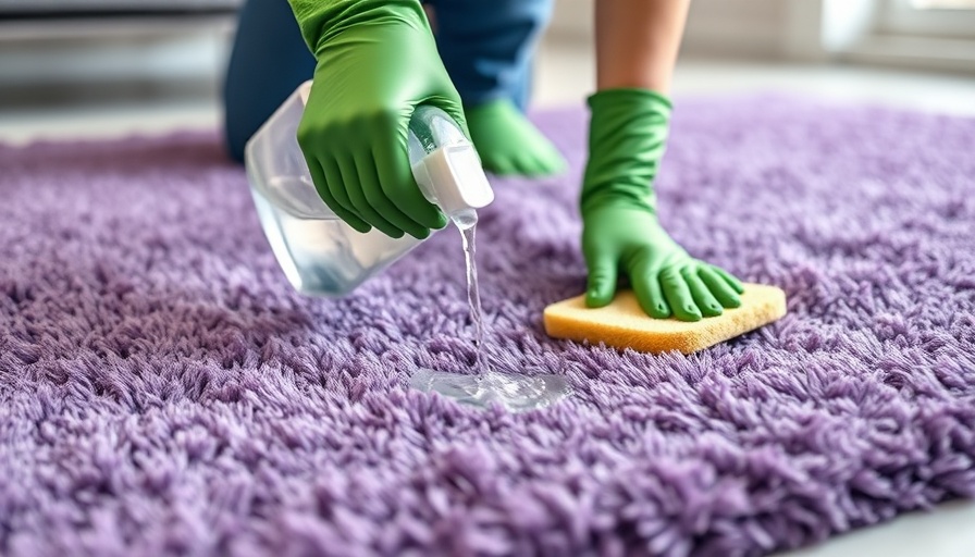 Person cleaning a purple polyester rug with gloves and a sponge.