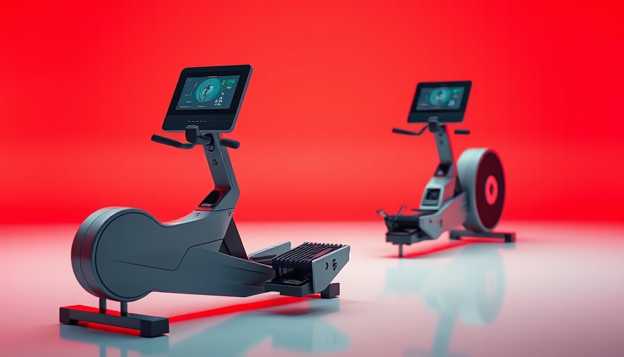 Modern compact rowing machines with screens on red background.