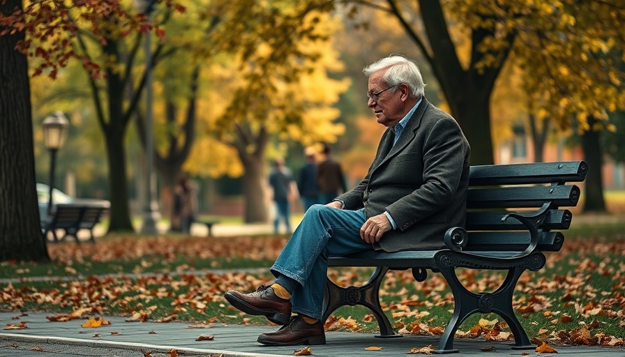 Elderly man alone on park bench, contemplating social isolation and frailty.