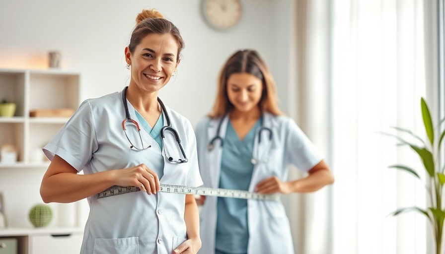 Healthcare professional measuring ideal waist size in medical office.