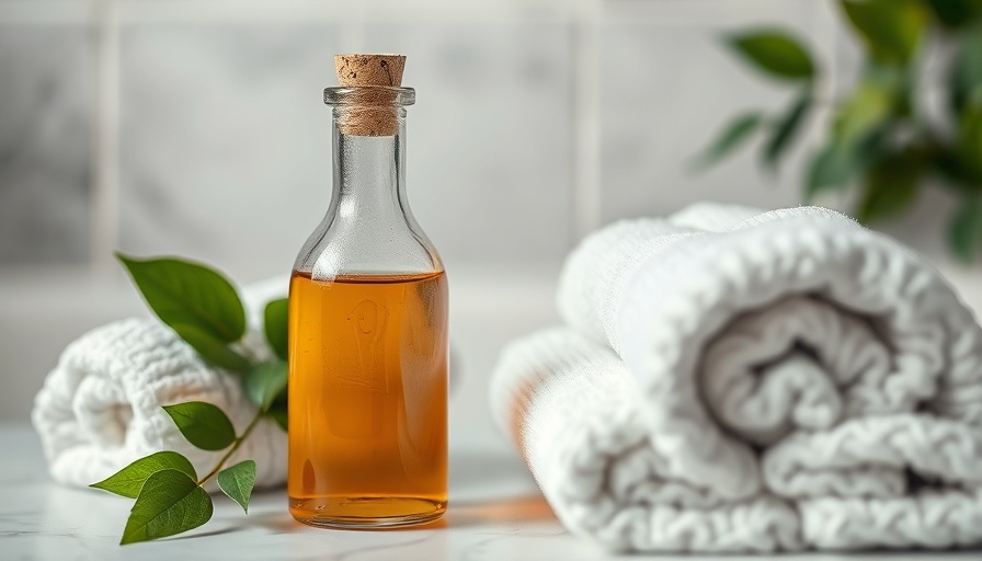 Serene apple cider vinegar bottle beside towels, highlighting benefits.