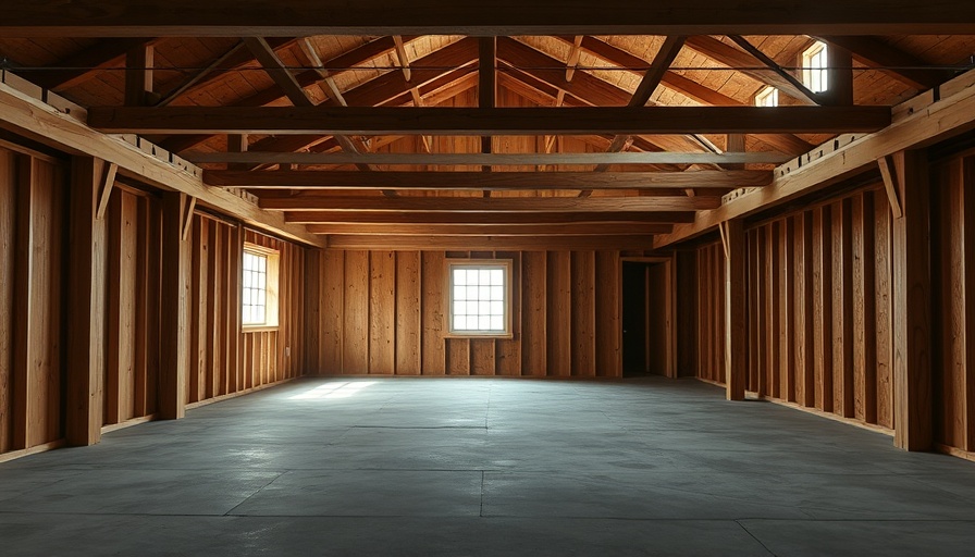 Spacious unfinished basement with exposed beams and concrete floor