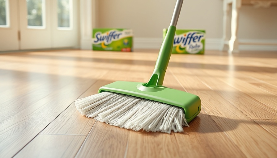 Green Swiffer on wooden floor with Swiffer box in background.