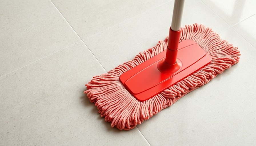 Red mop cleaning matte porcelain tiles close-up.