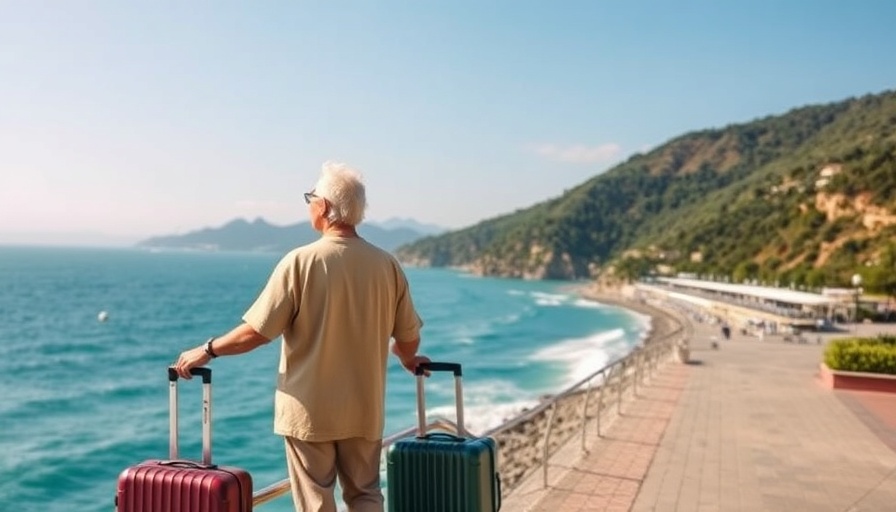 Elderly couple by the ocean with luggage on vacation.