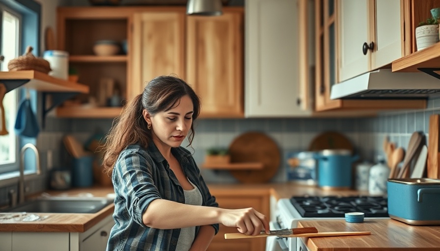 Focused woman painting small kitchen cabinets blue, enhancing space.