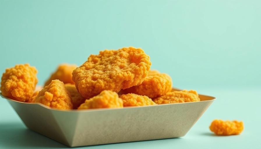 Golden plant-based nuggets in a tray, minimalist teal background.