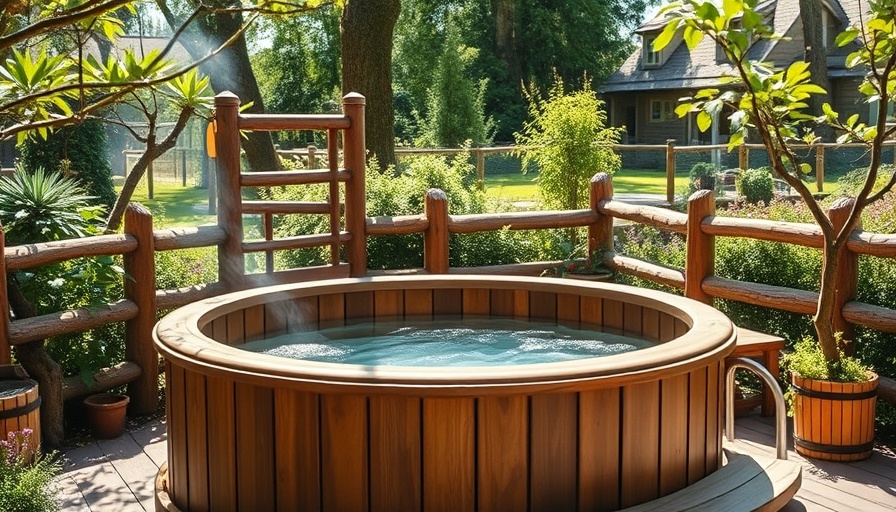 DIY hot tub plans featuring rustic wooden hot tub in garden