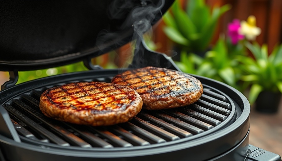 Barbecue grill with smoking patties, outdoor grill station ideas.
