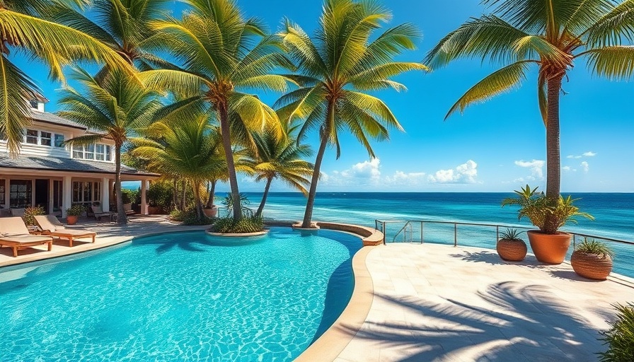 Luxurious tropical waterfront property with palm trees and pool, expensive home sales 2025