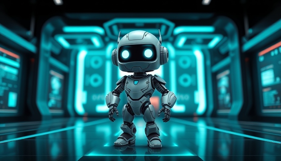 3D cartoon robot in modern digital setting with teal elements.