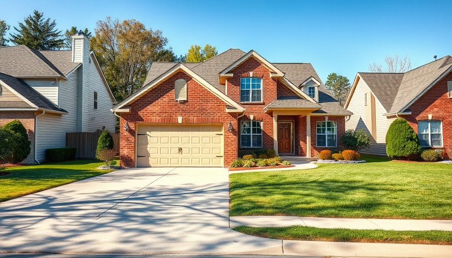 Suburban house with brick facade and garage, sunny day.