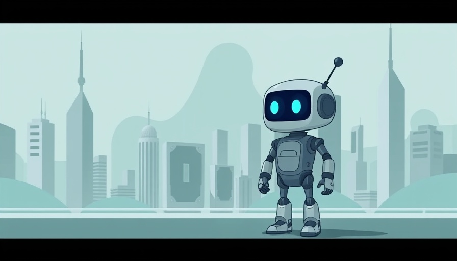 Futuristic cartoon robot with digital cityscape backdrop.