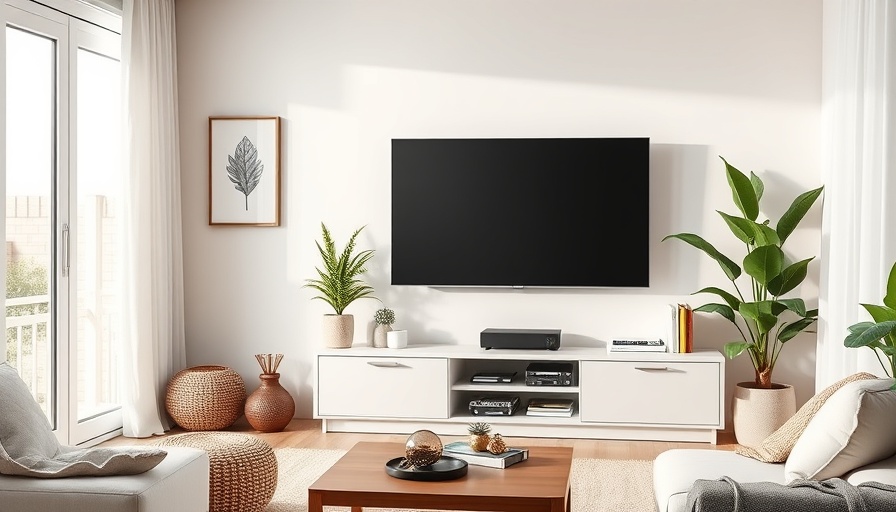 Minimalist TV lift cabinet in a bright living room with decor.