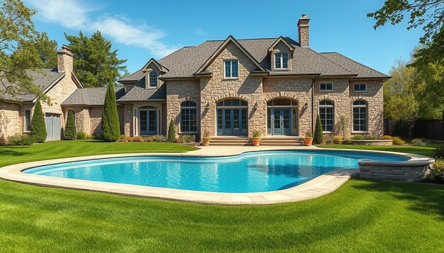 Elegant stone house with pool, serene backyard setting.