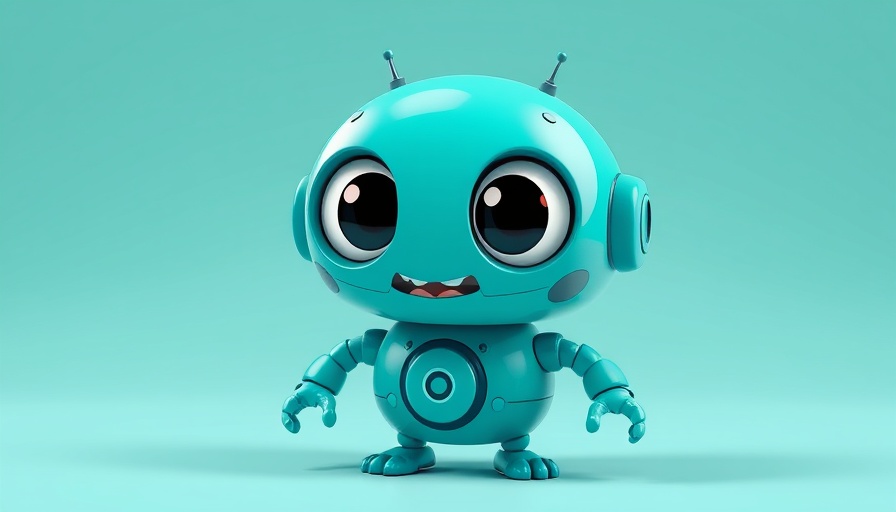 Teal cartoon robot in minimal setting, vibrant colors.