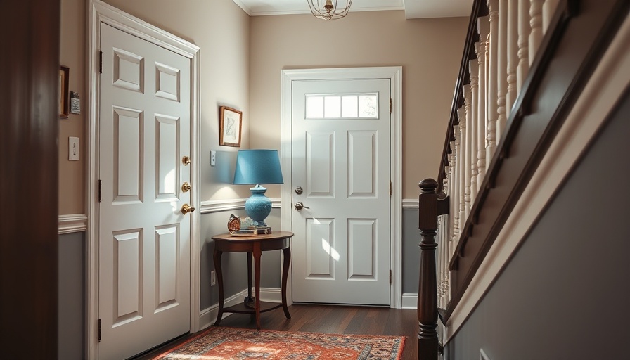 Entryway with door, table, and staircase; replace weather stripping context.