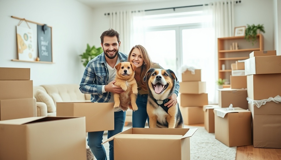 Couple with dog playfully unpacking in new home, moving tips for a smooth transition.
