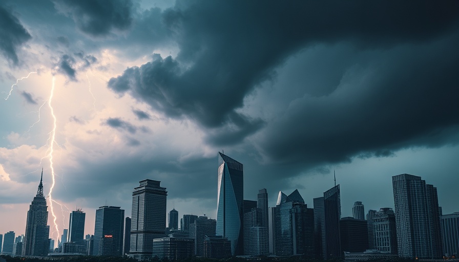 Stormy sky over commercial buildings highlighting hurricane preparedness