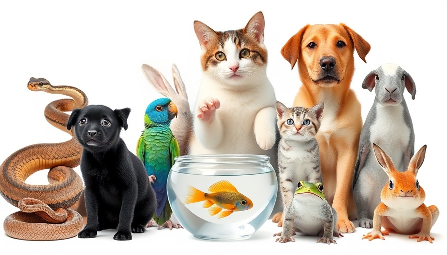 Group of various pets sitting together on a plain background.