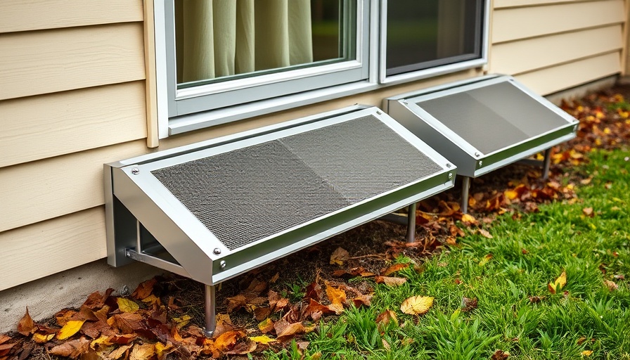 Sturdy metal window well covers installed near house wall surrounded by leaves.