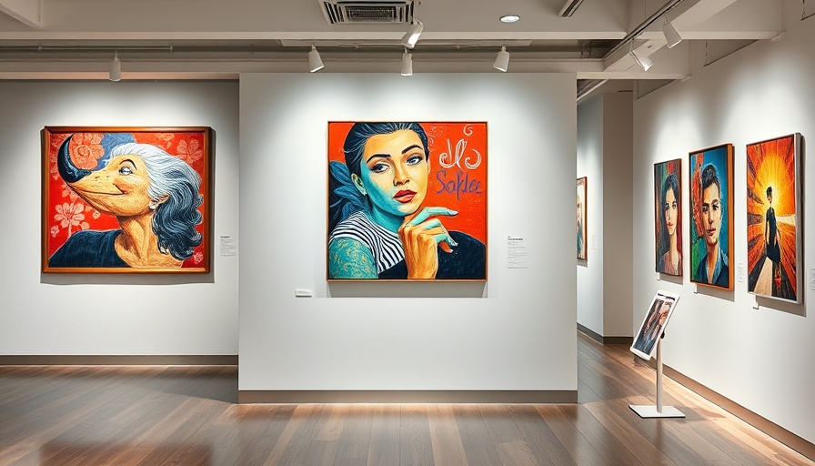 Art gallery poster with diverse artwork, promoting locally sourced dining.
