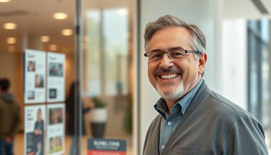 Man smiling near promotional display about building a single-storey extension