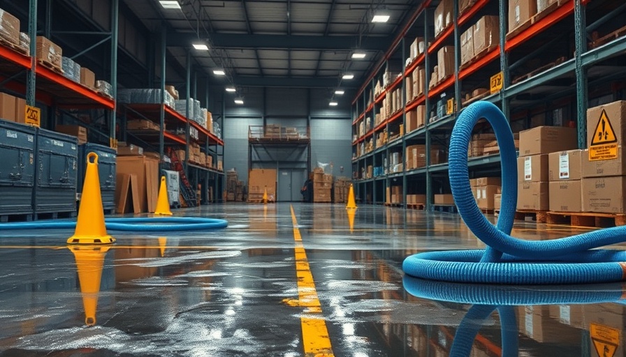 Fast Water Damage Service in warehouse with caution signs and wet floor.