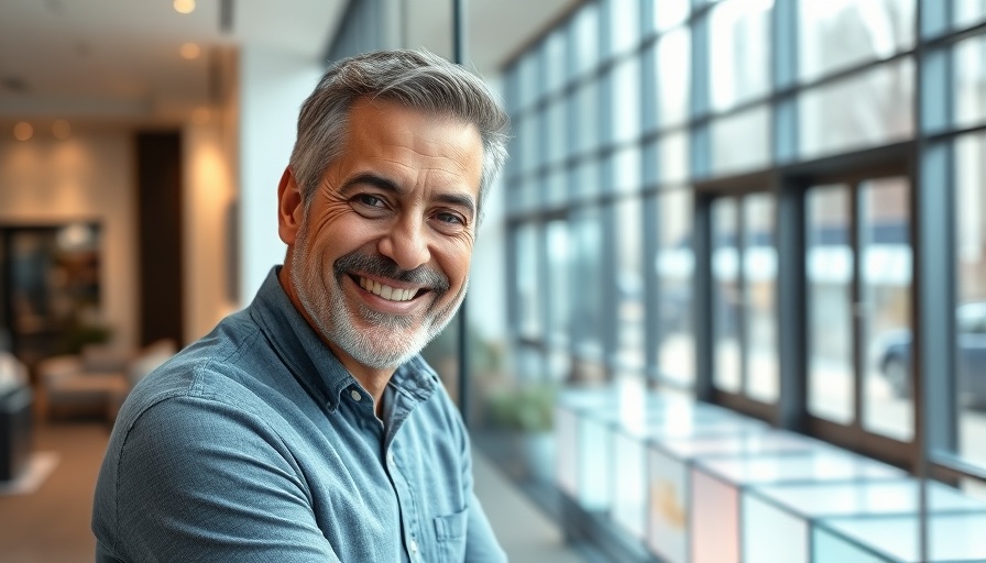 Man in white shirt smiling beside glass display in showroom.